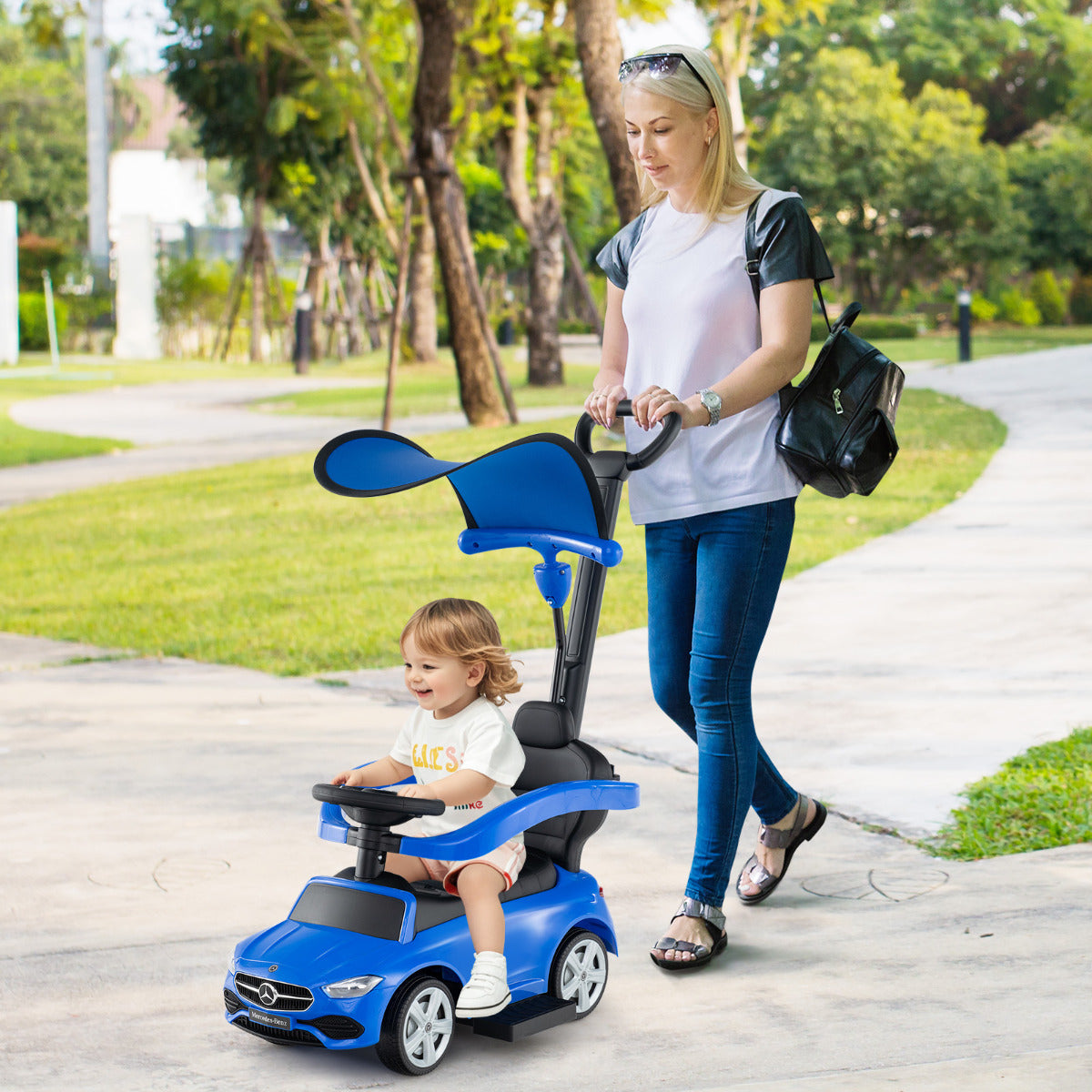 3-in-1 Ride on Push Car with Adjustable Canopy and Steering Push Bar-Navy