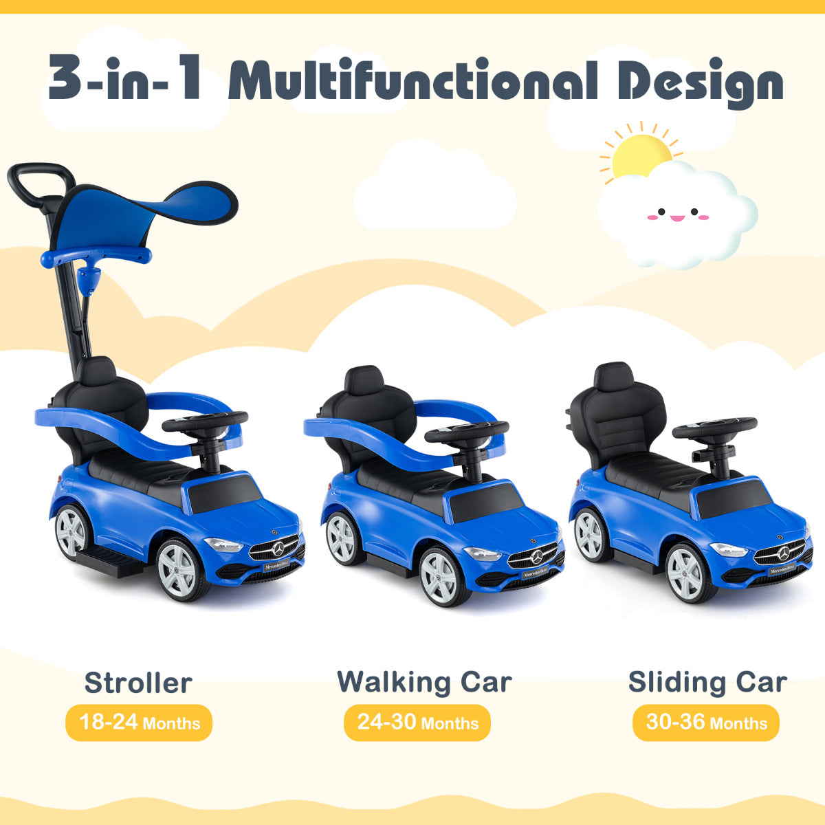 3-in-1 Ride on Push Car with Adjustable Canopy and Steering Push Bar-Navy