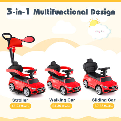 3-in-1 Ride on Push Car with Adjustable Canopy and Steering Push Bar-Red