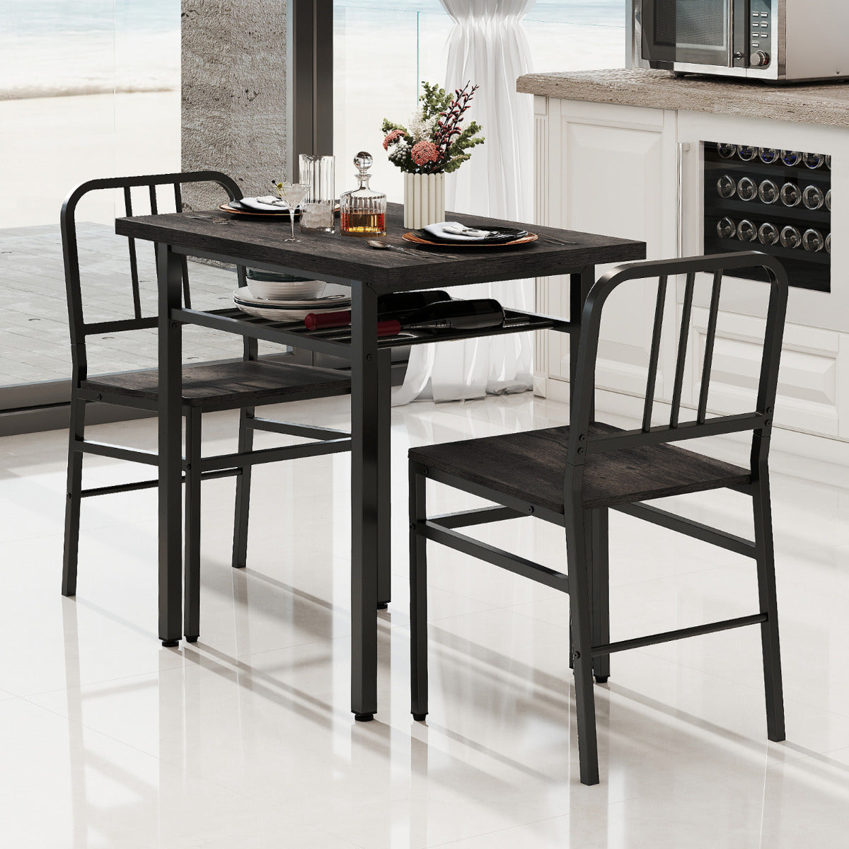 3-Piece Dining Table Set with Storage Rack and Metal Legs-Grey