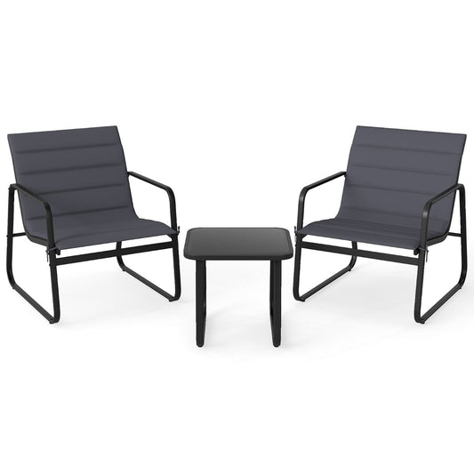 3 Piece Patio Bistro Set with Removable Cushions and Tempered Glass Tabletop-Grey