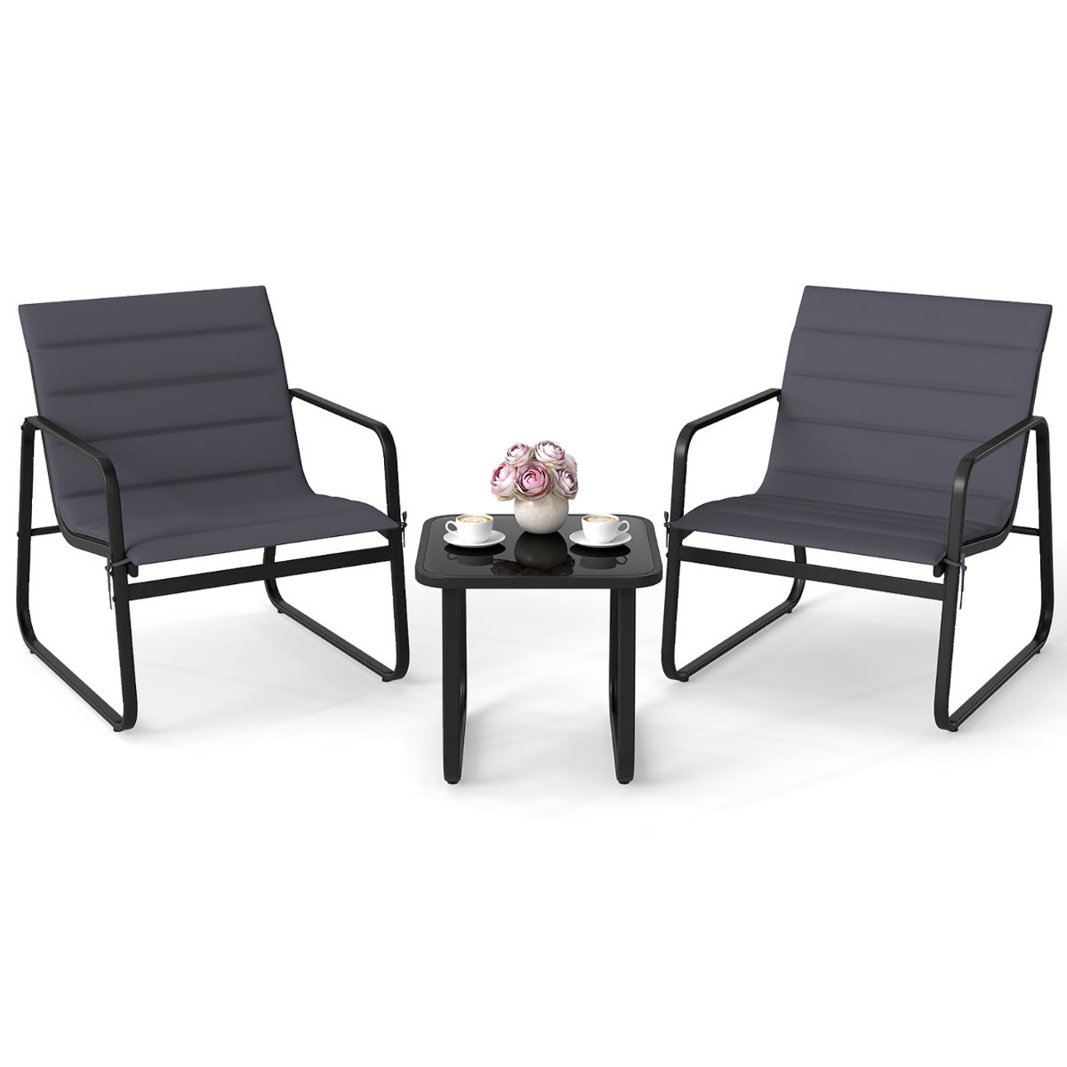 3 Piece Patio Bistro Set with Removable Cushions and Tempered Glass Tabletop-Grey