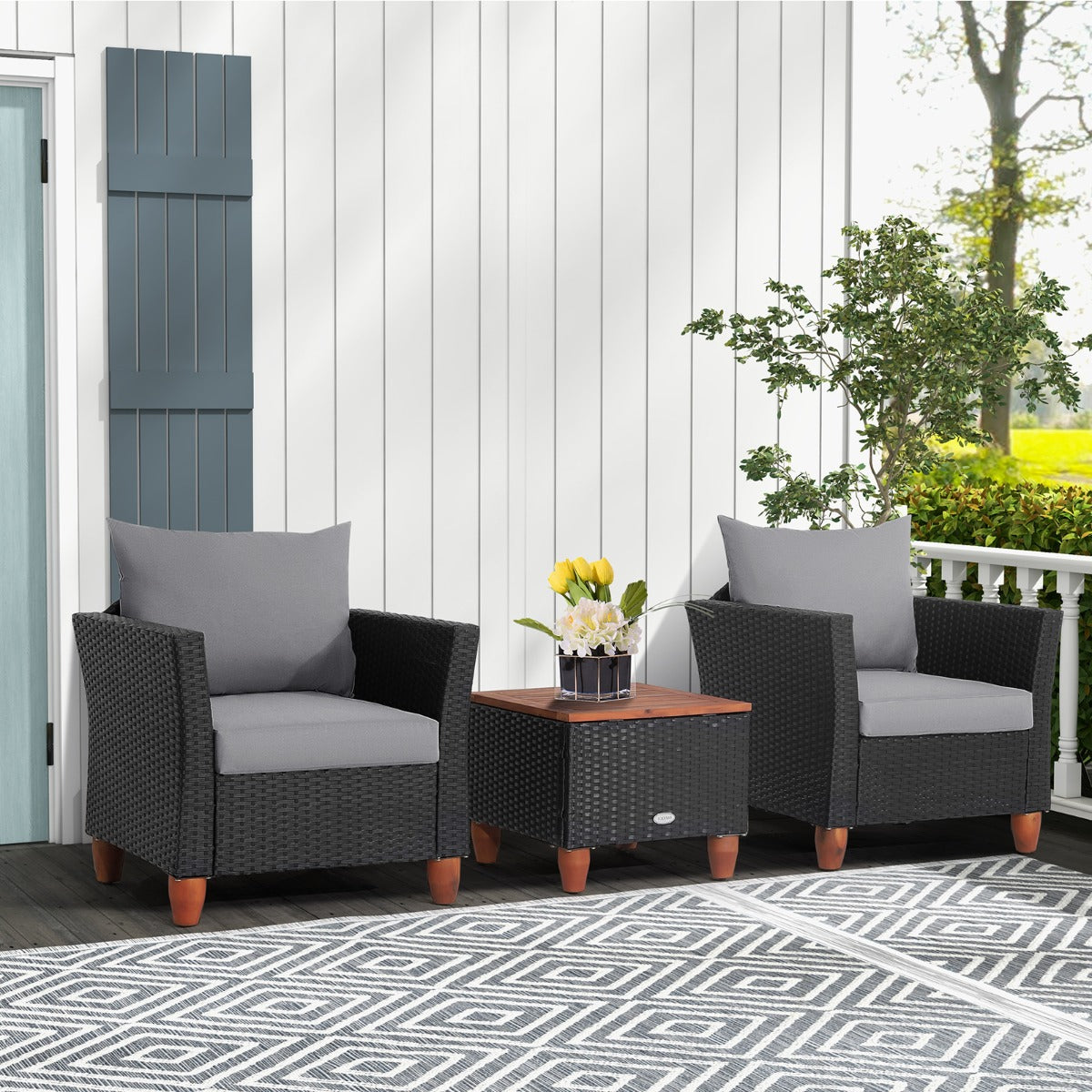 3 Pieces Patio Porch Furniture Set with Cushions and Storage Table-Grey