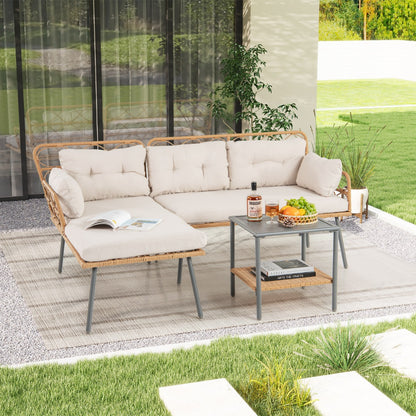 3 Pieces PE Rattan L-Shaped Corner Patio Furniture Sofa Set with Coffee Table-Beige