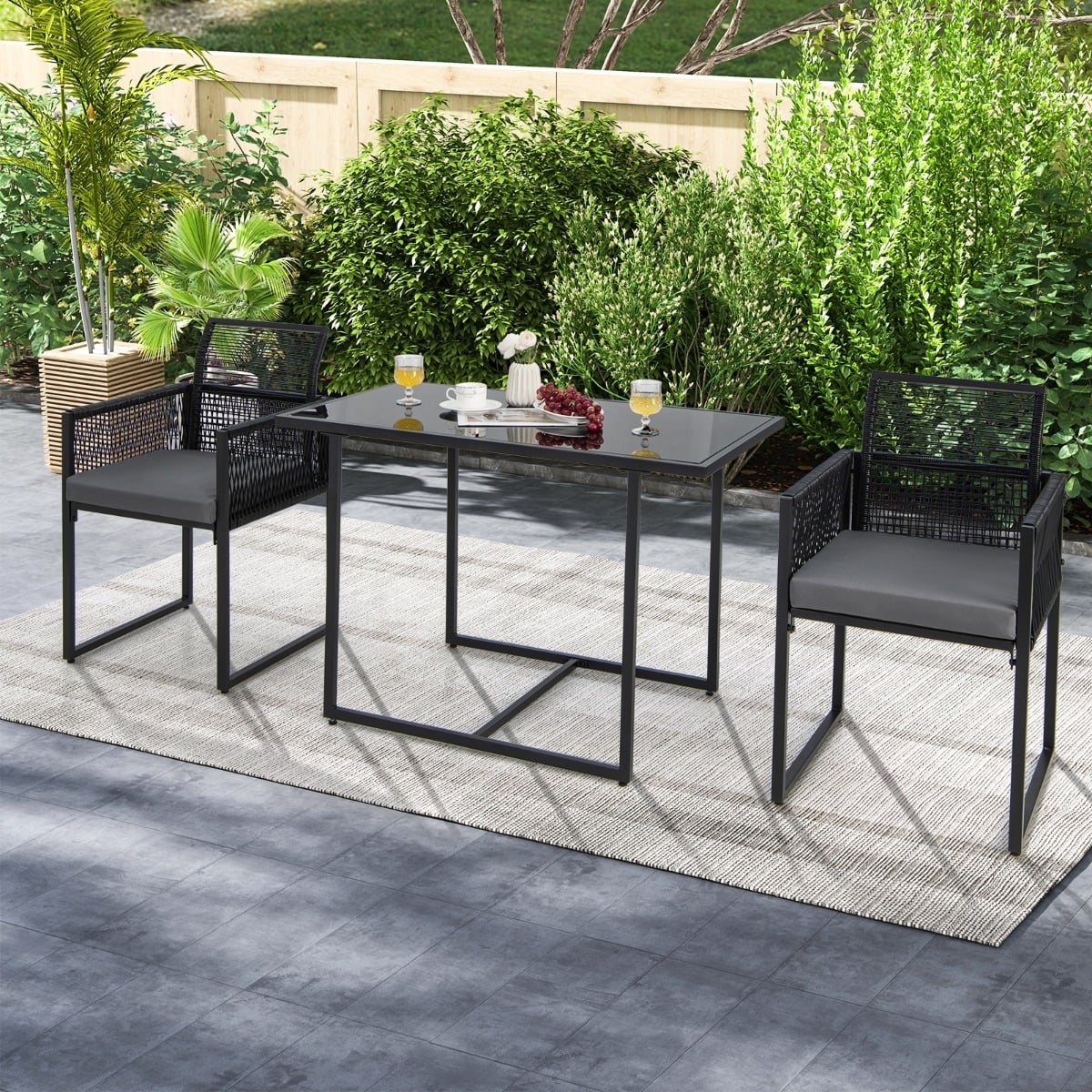 3 Pieces Space-Saving Patio Rattan Outdoor Dining Set-Black