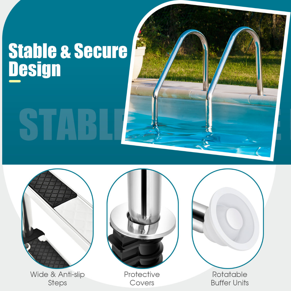 3-Step 304 Stainless Steel Swimming Pool Ladder with Non-slip Steps and Handrails