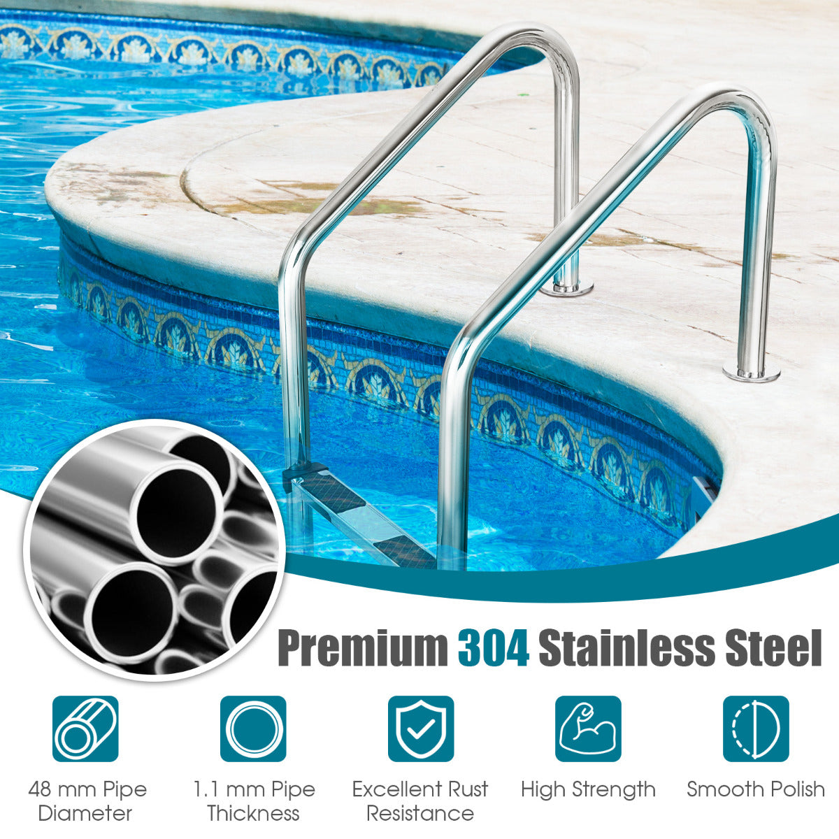 3-Step 304 Stainless Steel Swimming Pool Ladder with Non-slip Steps and Handrails