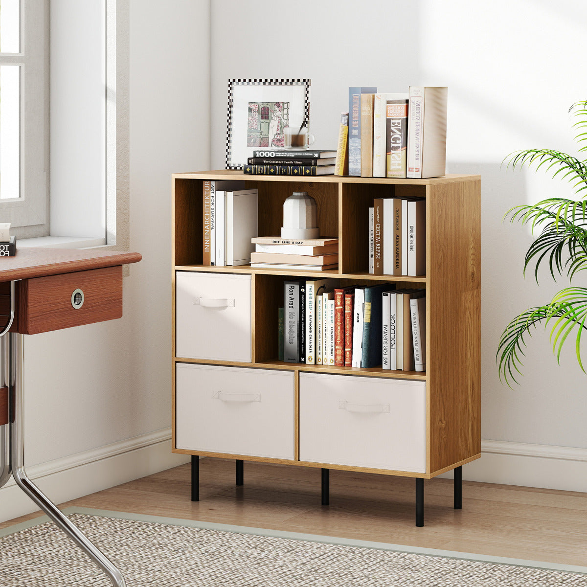 3-Tier Bookcase with 3 Removable Folding Fabric Drawers-Natural