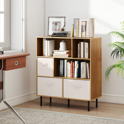 3-Tier Bookcase with 3 Removable Folding Fabric Drawers-Natural