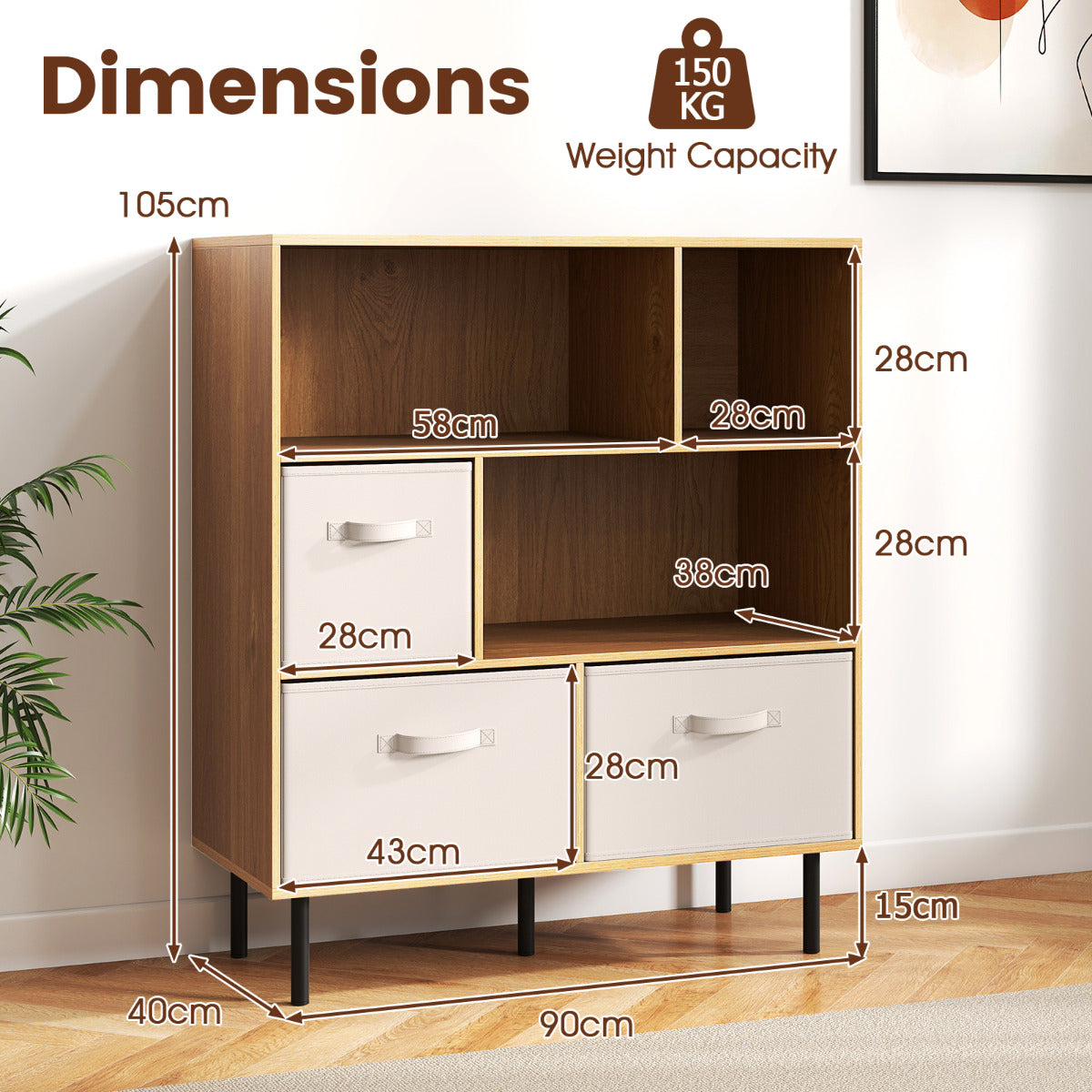 3-Tier Bookcase with 3 Removable Folding Fabric Drawers-Natural