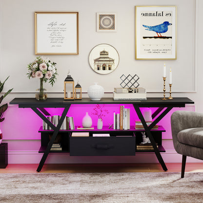 3-Tier Entertainment Center with LED Lights and Power Outlets-Black