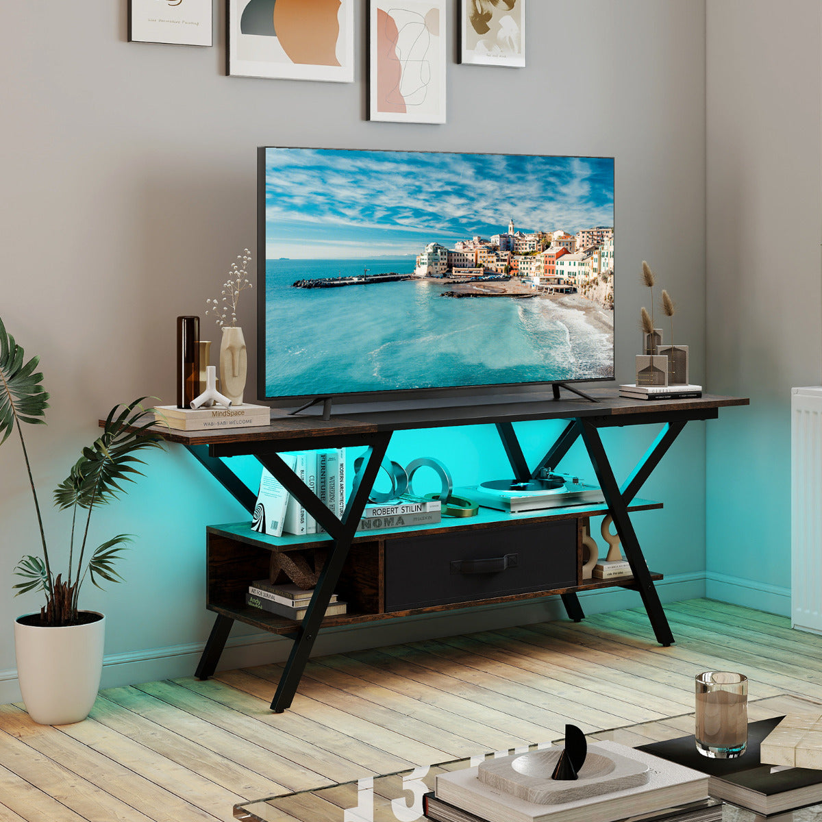 3-Tier Entertainment Center with LED Lights and Power Outlets-Rustic Brown