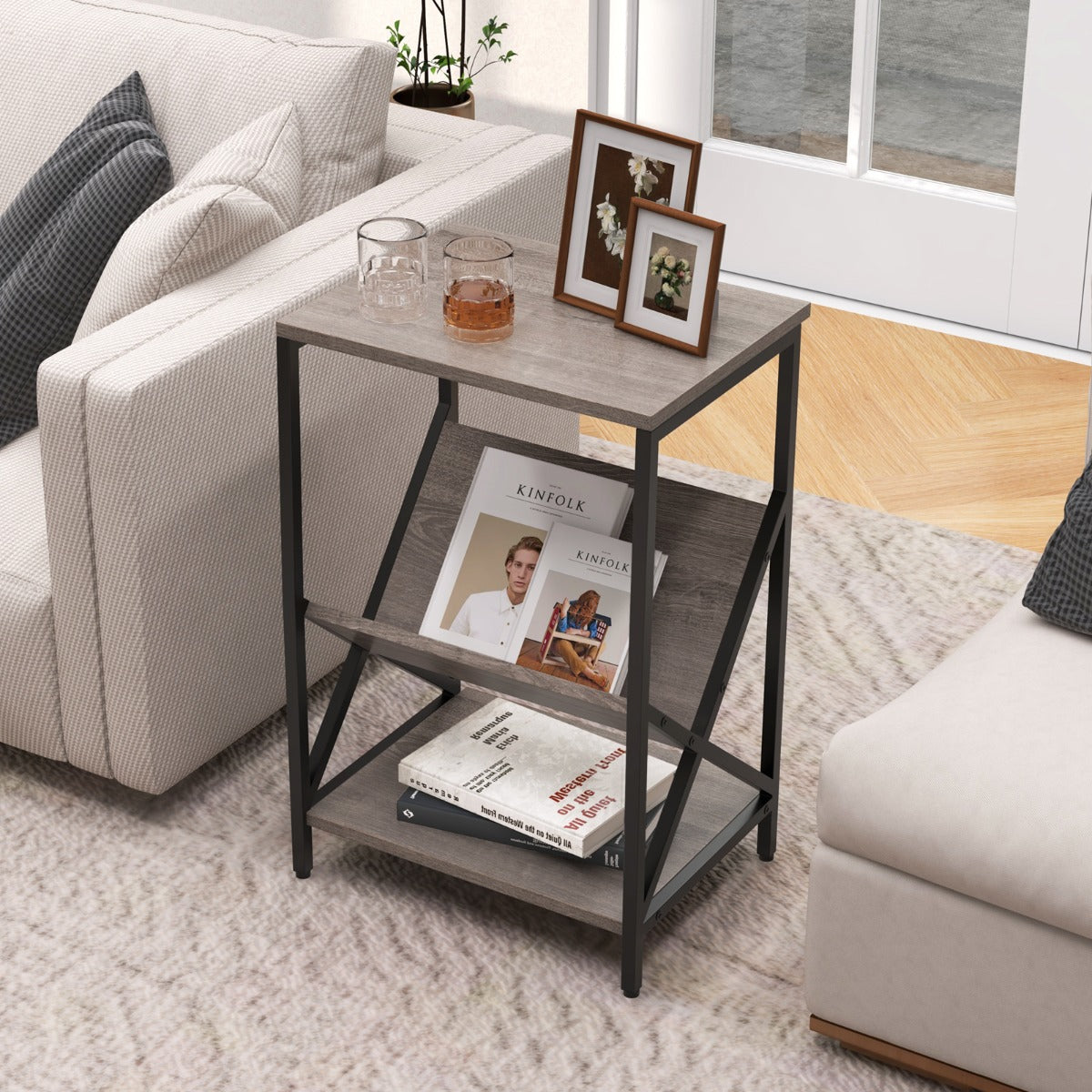 3-Tier Record Player Stand with V-Shaped Magazine Holder-Grey