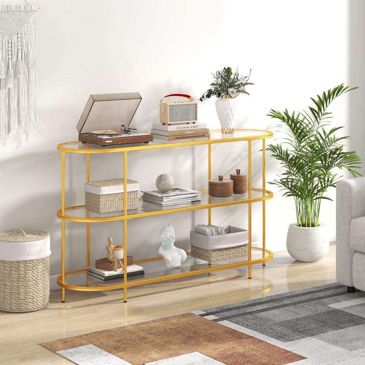 3-Tier TV Stand with Tempered Glass Shelves for TVs-Golden