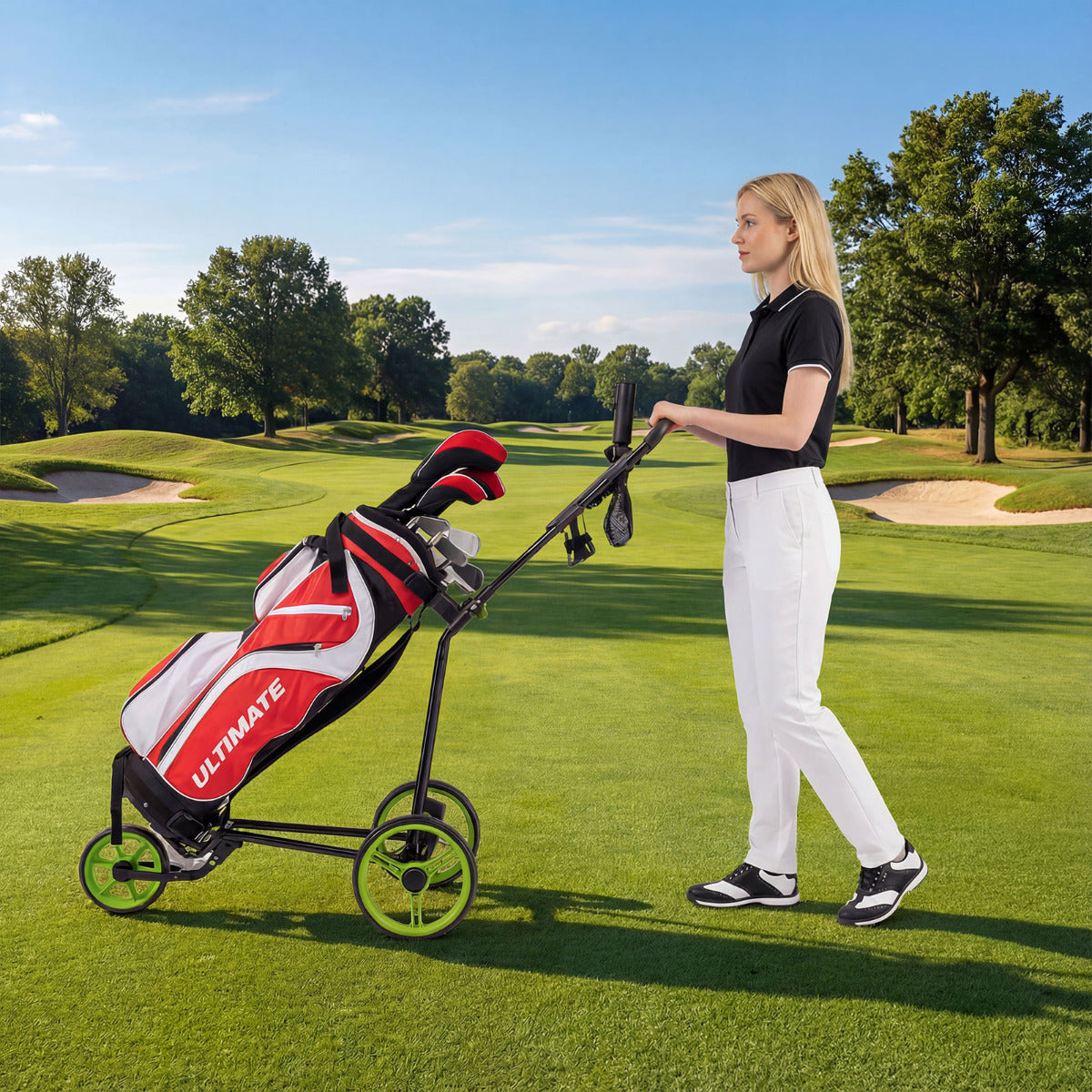 3 Wheel Folding Golf Push Cart with Adjustable Height Handle and Foot Brake-Green