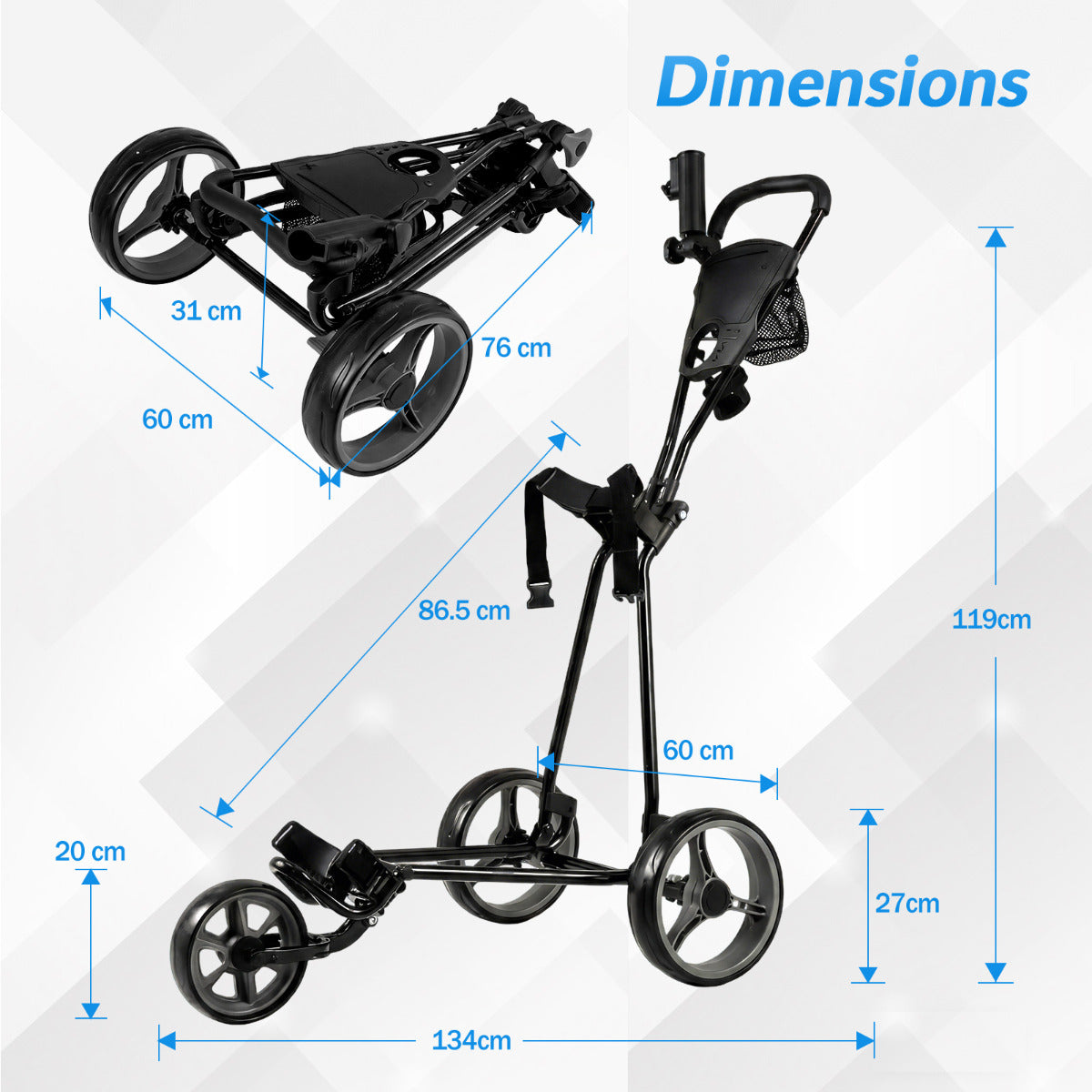 3 Wheel Folding Golf Push Cart with Adjustable Height Handle and Foot Brake-Grey