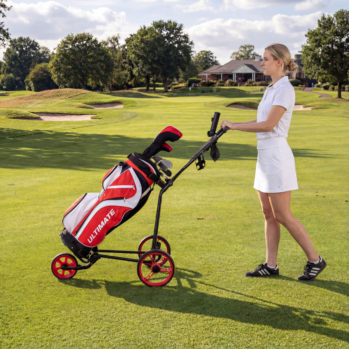 3 Wheel Folding Golf Push Cart with Adjustable Height Handle and Foot Brake-Red