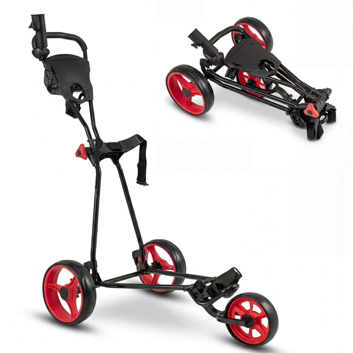 3 Wheel Folding Golf Push Cart with Adjustable Height Handle and Foot Brake-Red