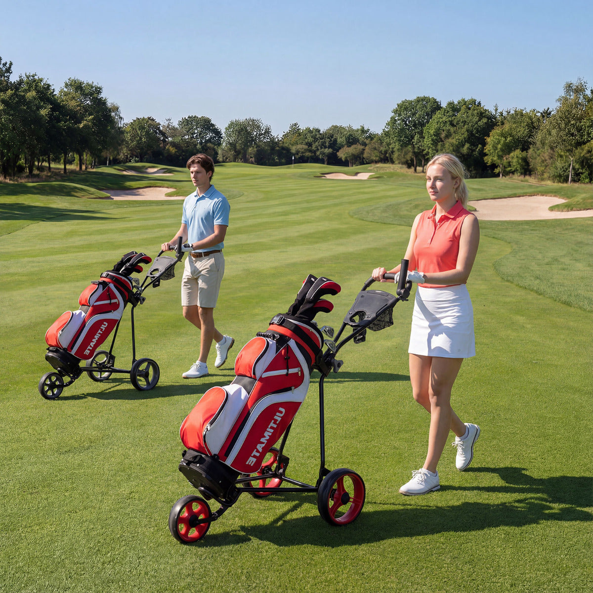 3 Wheel Folding Golf Push Cart with Adjustable Height Handle and Foot Brake-Red