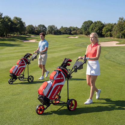 3 Wheel Folding Golf Push Cart with Adjustable Height Handle and Foot Brake-Red