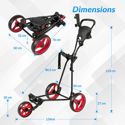 3 Wheel Folding Golf Push Cart with Adjustable Height Handle and Foot Brake-Red