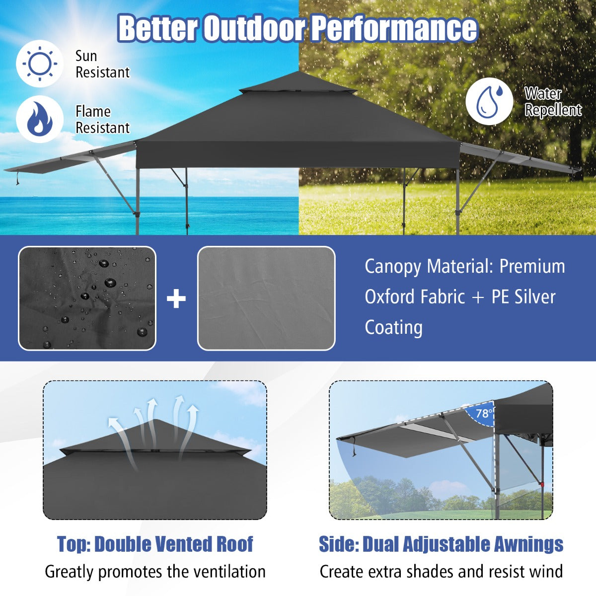 3 x 3m Rolling Pop up Gazebo with Adjustable Dual Awnings and Height-Black