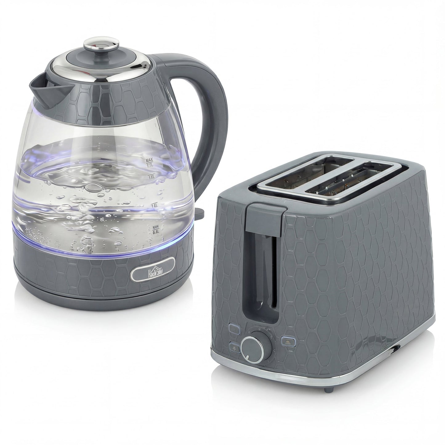 HOMCOM Kettle and Toaster Set, 1.7L 3000W Rapid Kettle with Limescale Filter, 2 Slice Toaster with 7 Browning Controls, Grey