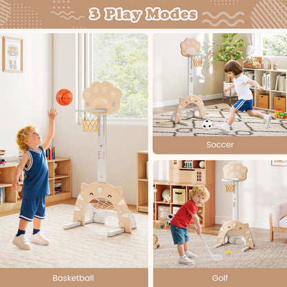 3-in-1 Kids Sports Center Adjustable Basketball Hoop with Soccer Game-Coffee