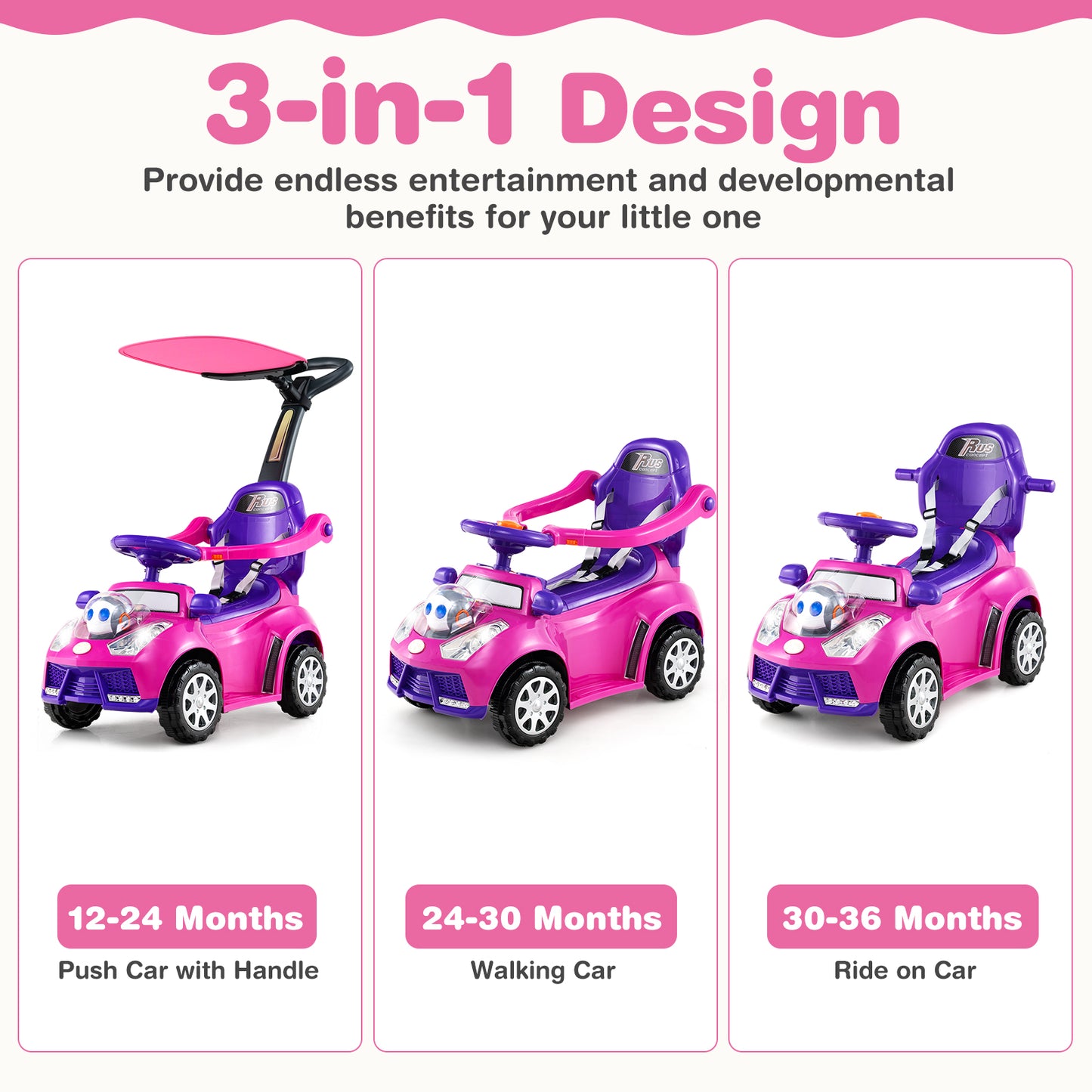 3-in-1 Push Car for Toddler Sliding Car with Seat Belt and Canopy-Pink