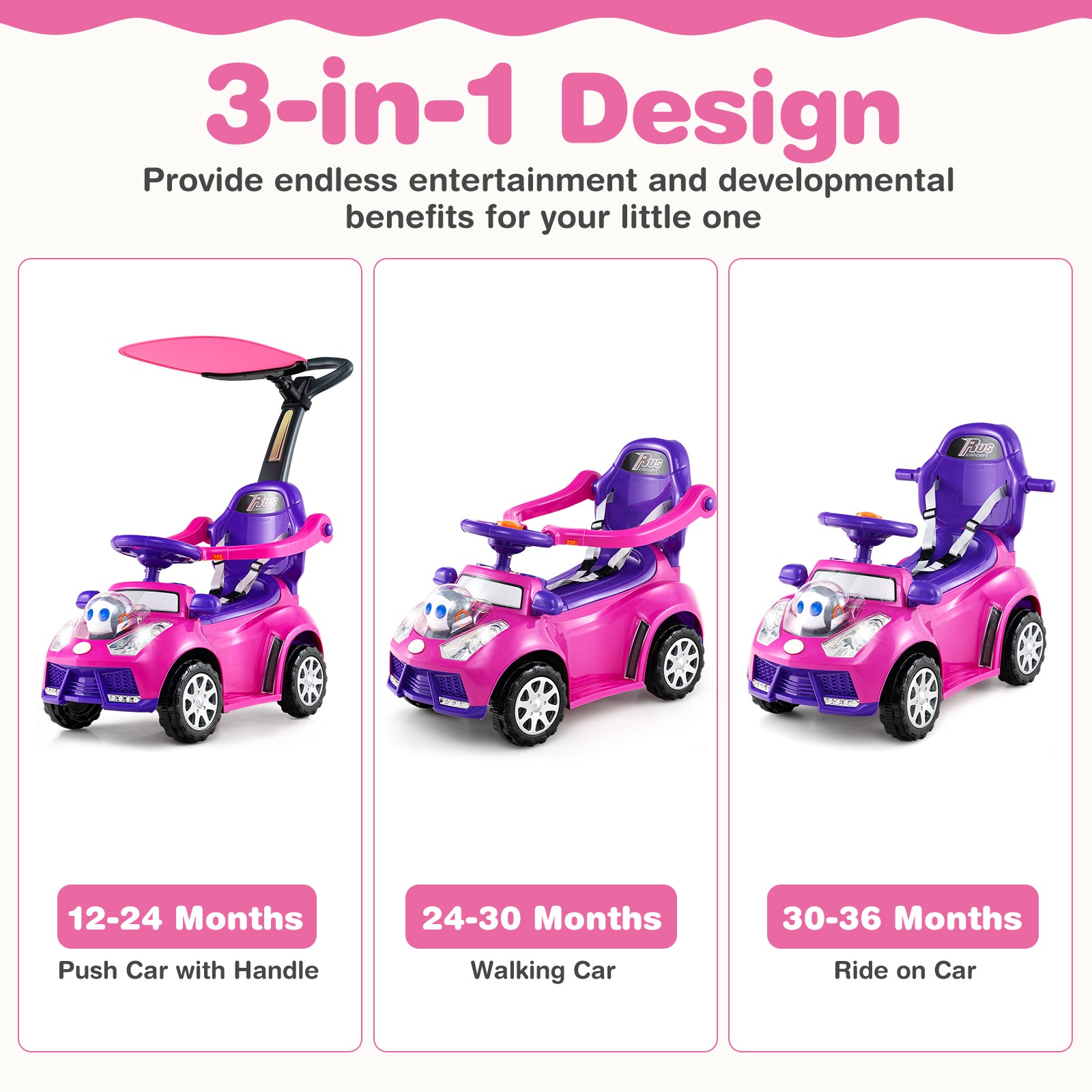 3-in-1 Push Car for Toddler Sliding Car with Seat Belt and Canopy-Pink
