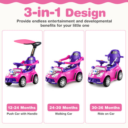 3-in-1 Push Car for Toddler Sliding Car with Seat Belt and Canopy-Pink
