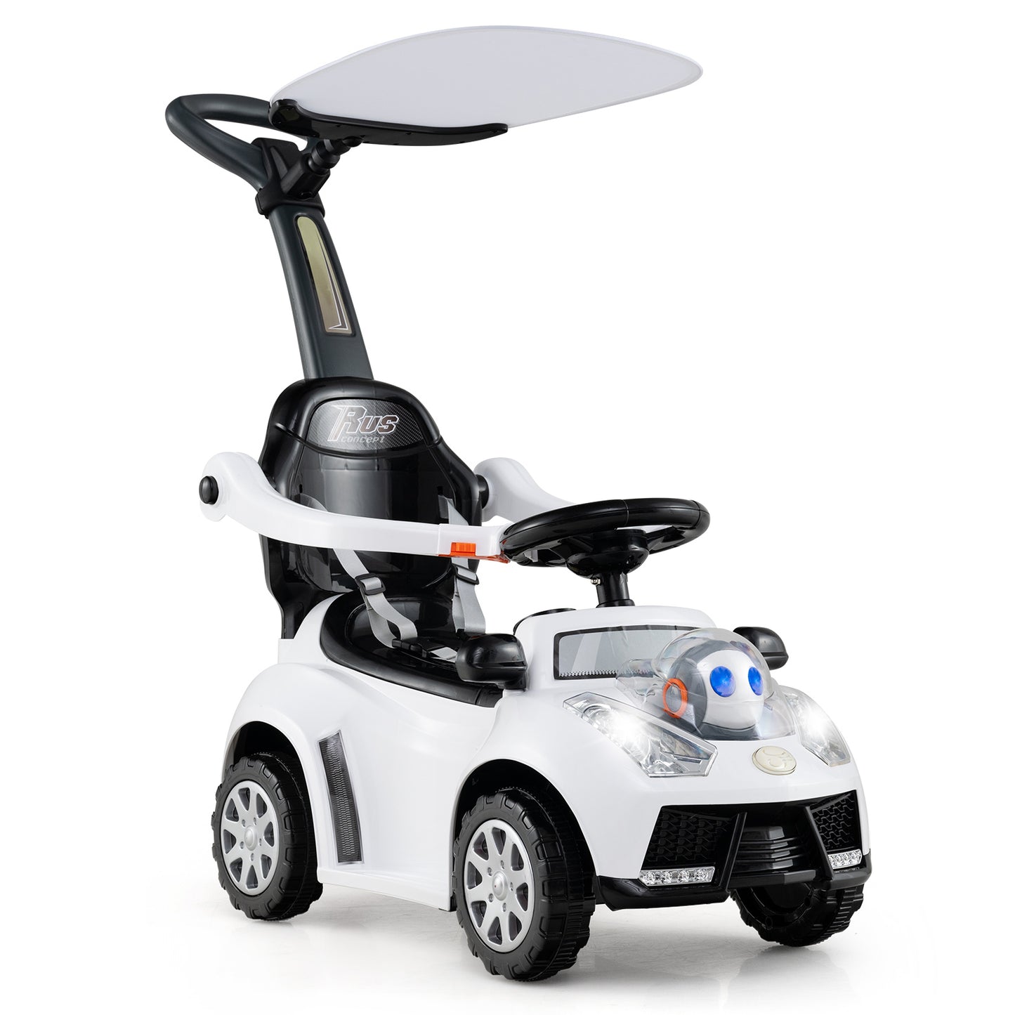 3-in-1 Push Car for Toddler Sliding Car with Seat Belt and Canopy-White