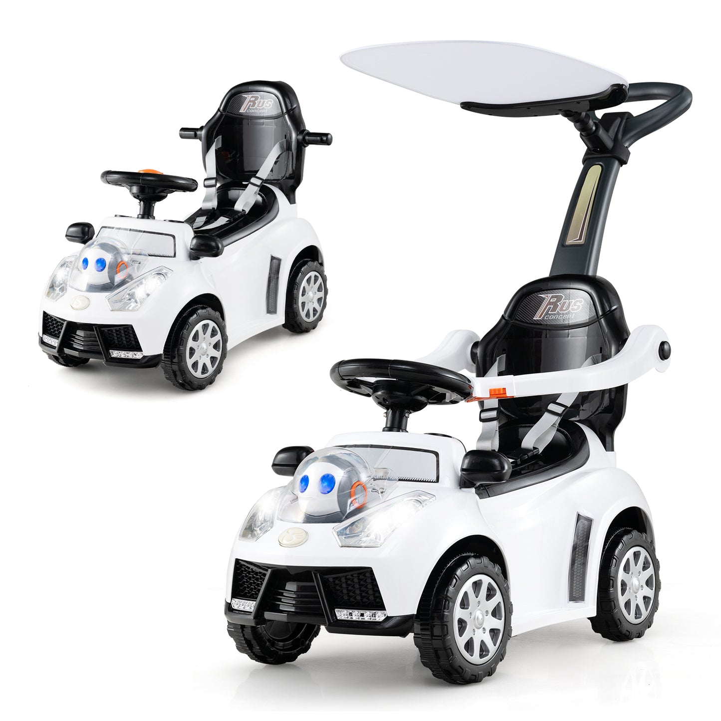 3-in-1 Push Car for Toddler Sliding Car with Seat Belt and Canopy-White