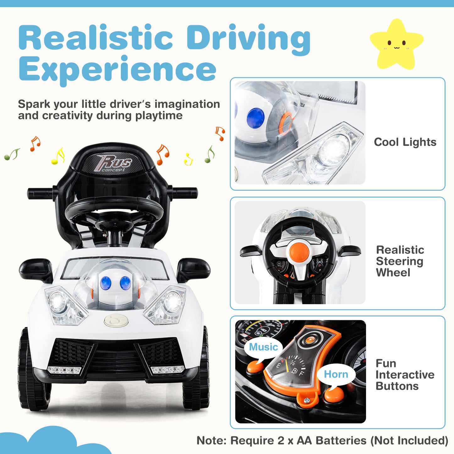 3-in-1 Push Car for Toddler Sliding Car with Seat Belt and Canopy-White