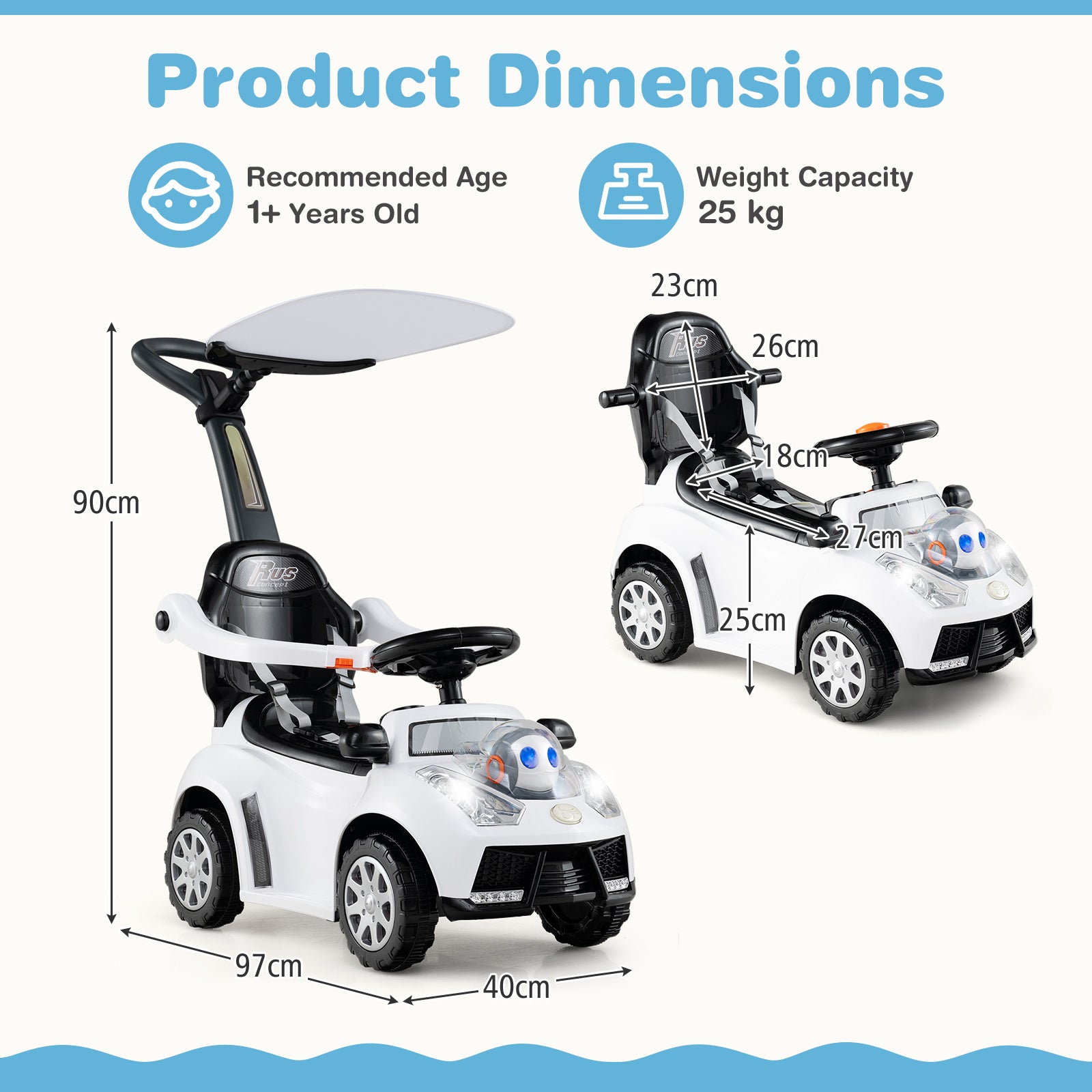 3-in-1 Push Car for Toddler Sliding Car with Seat Belt and Canopy-White