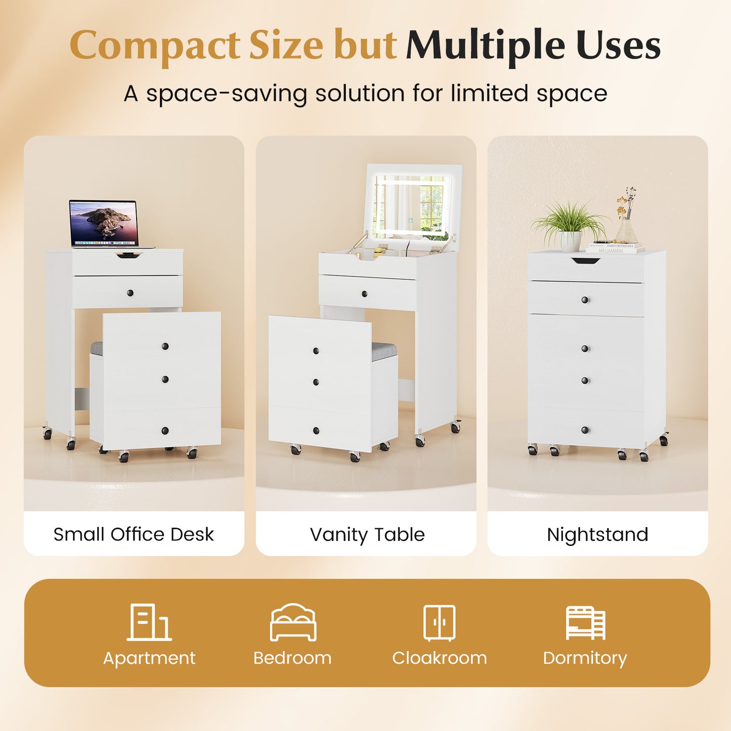 3-in-1 Small Vanity Desk Set with Flip-top Mirror and Lights-White
