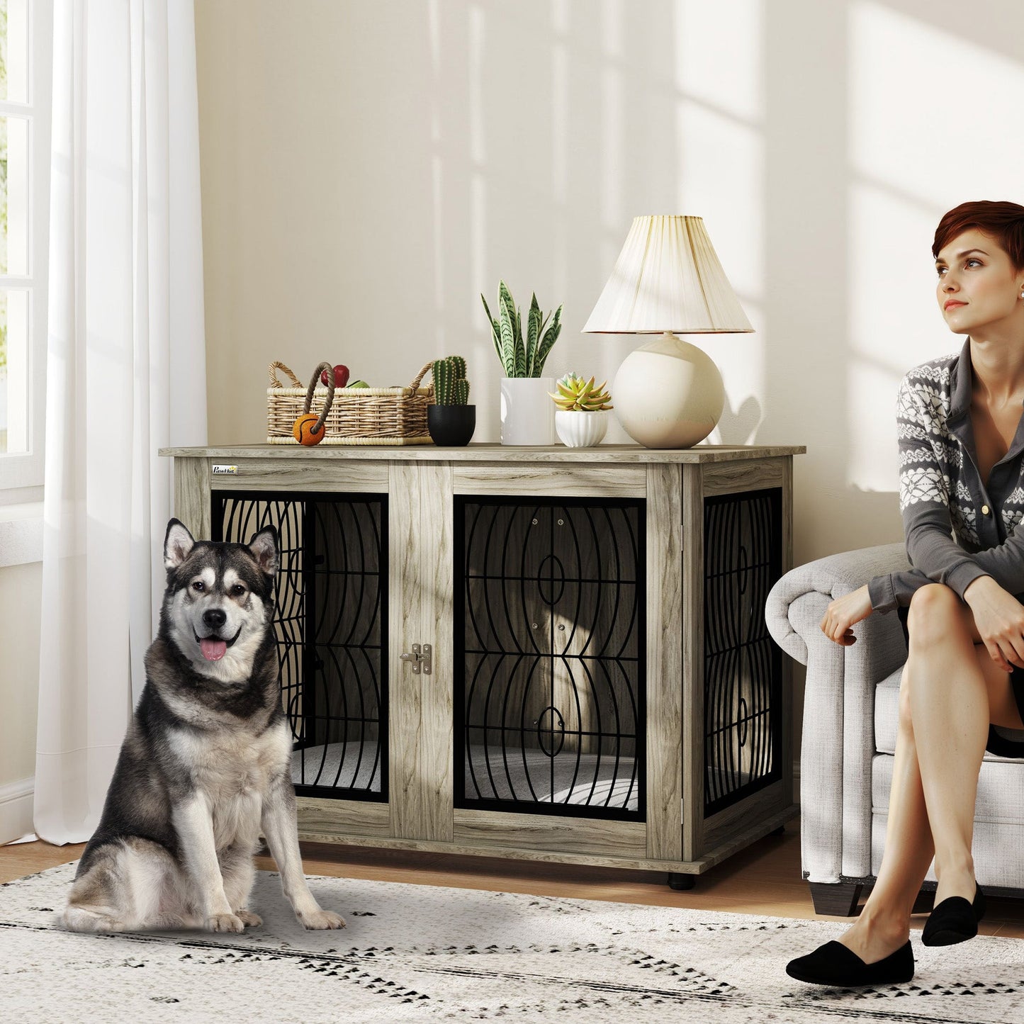 PawHut Dog Crate Furniture Table with Soft Washable Cushion and Lockable Door, for Large Indoor Dogs, Grey