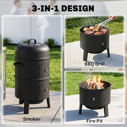 Outsunny 3-in-1 Vertical Charcoal Smoker with 2 Grill Grates, Built-in Thermometer, Adjustable Vent, 2 Doors