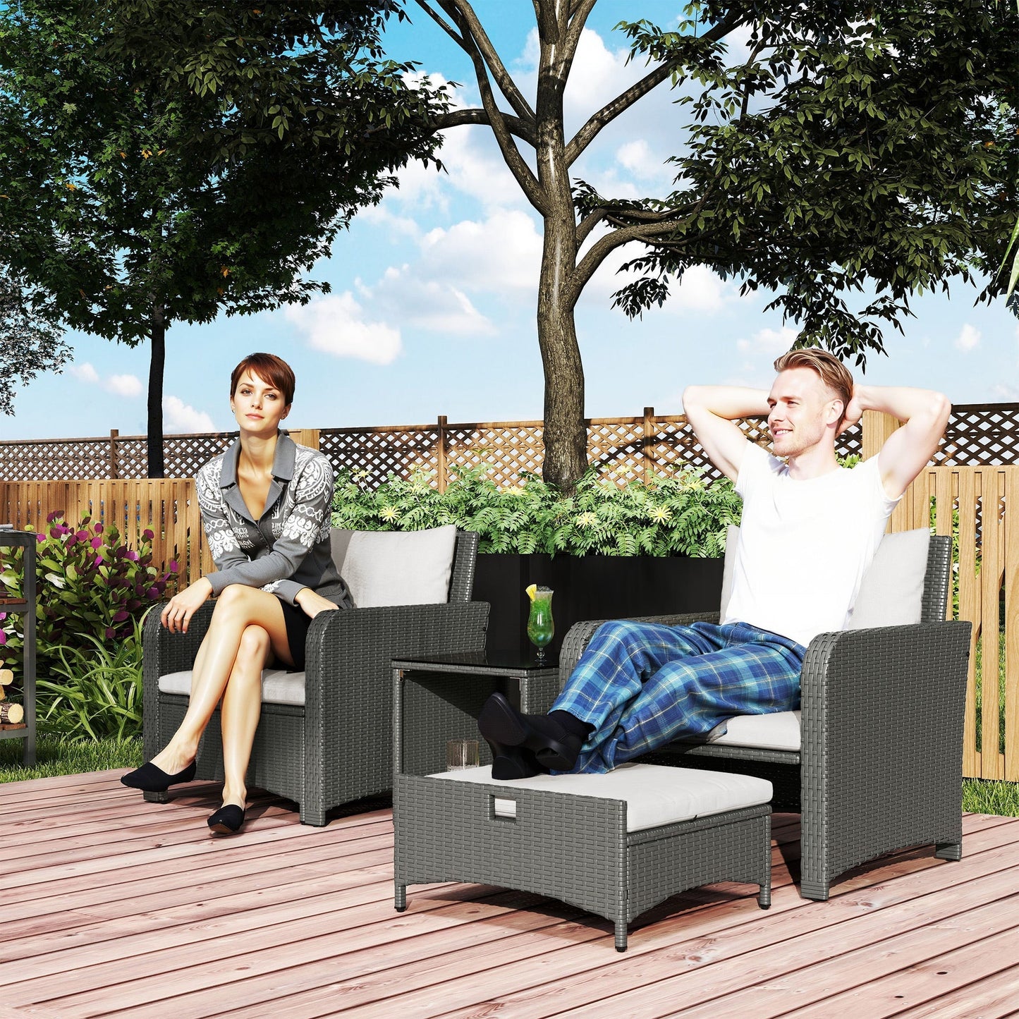 Outsunny Five Piece Rattan Garden Furniture Set with 2-Tier Coffee Table and Ottomans - Cream White