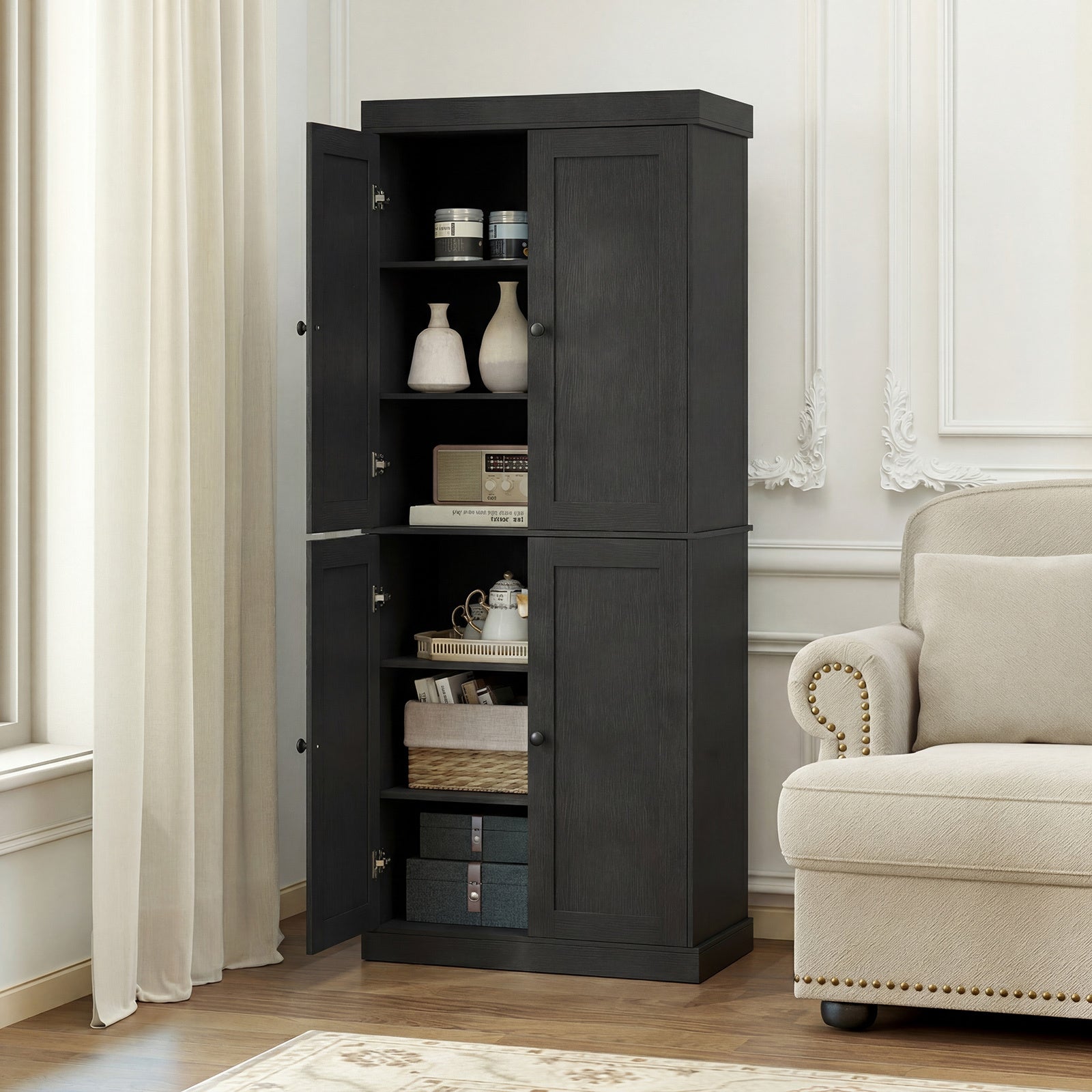4-Door Modern Freestanding Storage Organizer with 2 Adjustable Shelves-Black
