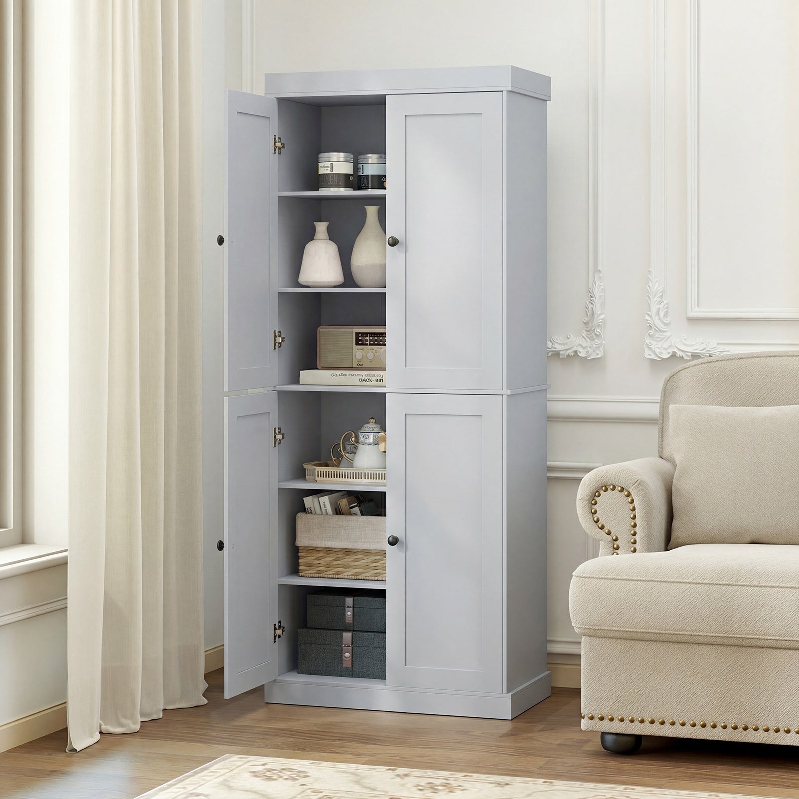 4-Door Modern Freestanding Storage Organizer with 2 Adjustable Shelves-Grey