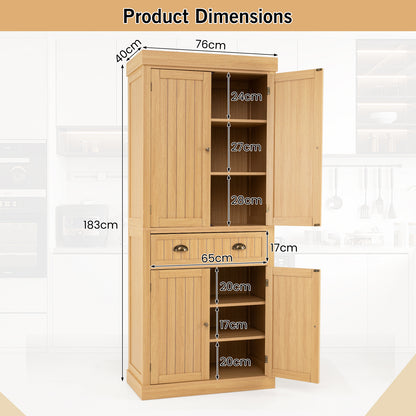 4-Door Tall Kitchen Cupboard Adjustable Shelves and Drawer-Natural