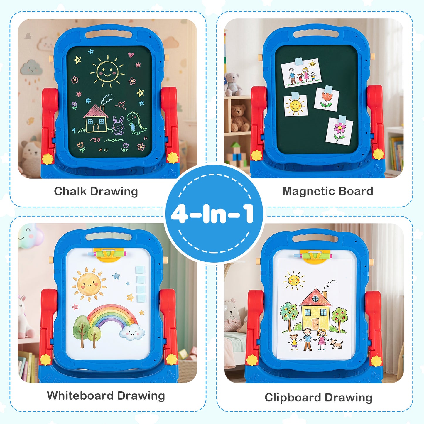 4-In-1 Double Side Easel for Toddler with Magnetic Chalkboard-Blue