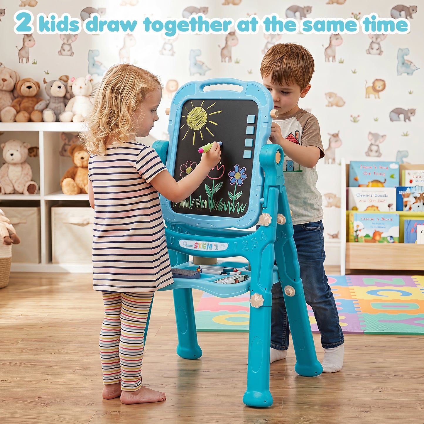 4-In-1 Double Side Easel for Toddler with Magnetic Chalkboard-Green