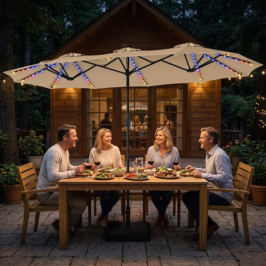4 M Double-Sided Patio Umbrella Base Included with 108 Multi-Color LED Lights and 3 Air Vents-Beige