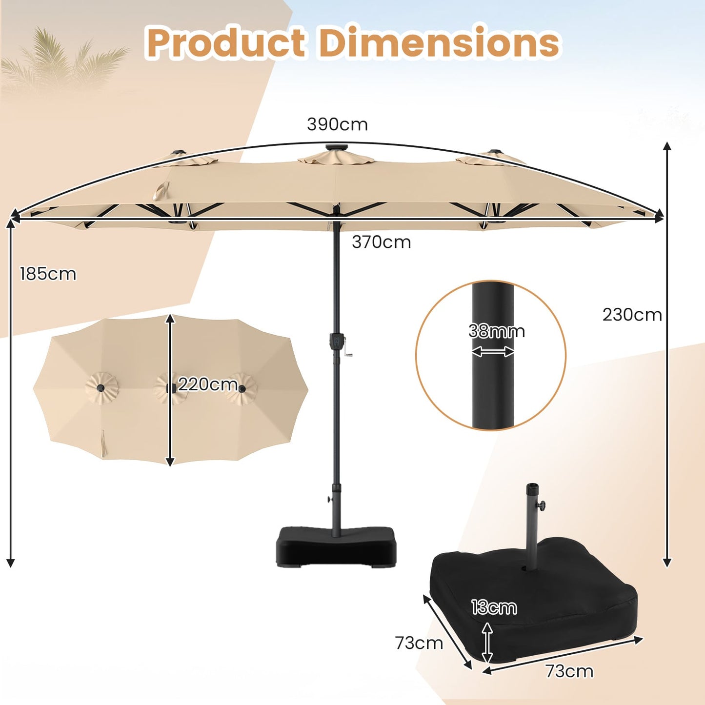 4 M Double-Sided Patio Umbrella Base Included with 108 Multi-Color LED Lights and 3 Air Vents-Beige