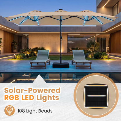4 M Double-Sided Patio Umbrella Base Included with 108 Multi-Color LED Lights and 3 Air Vents-Beige