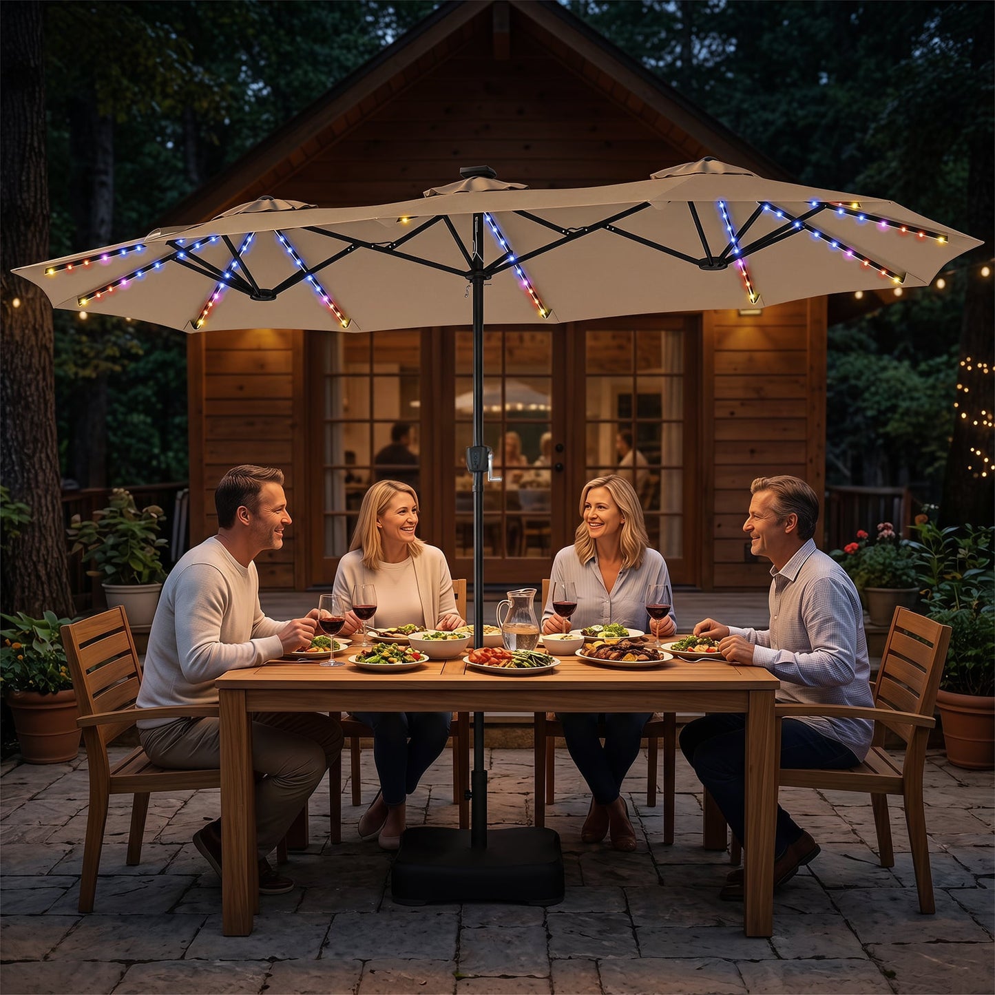 4 M Double-Sided Patio Umbrella Base Included with 108 Multi-Color LED Lights and 3 Air Vents-Coffee