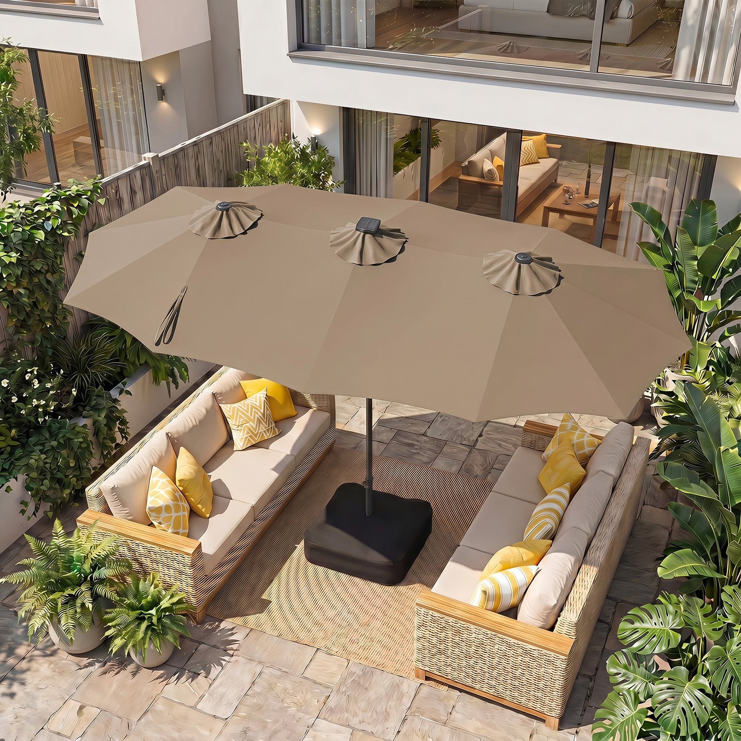4 M Double-Sided Patio Umbrella Base Included with 108 Multi-Color LED Lights and 3 Air Vents-Coffee