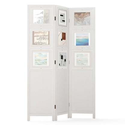 4-Panel Faux Linen Room Divider with Storage Bags Folding Privacy Screen-White
